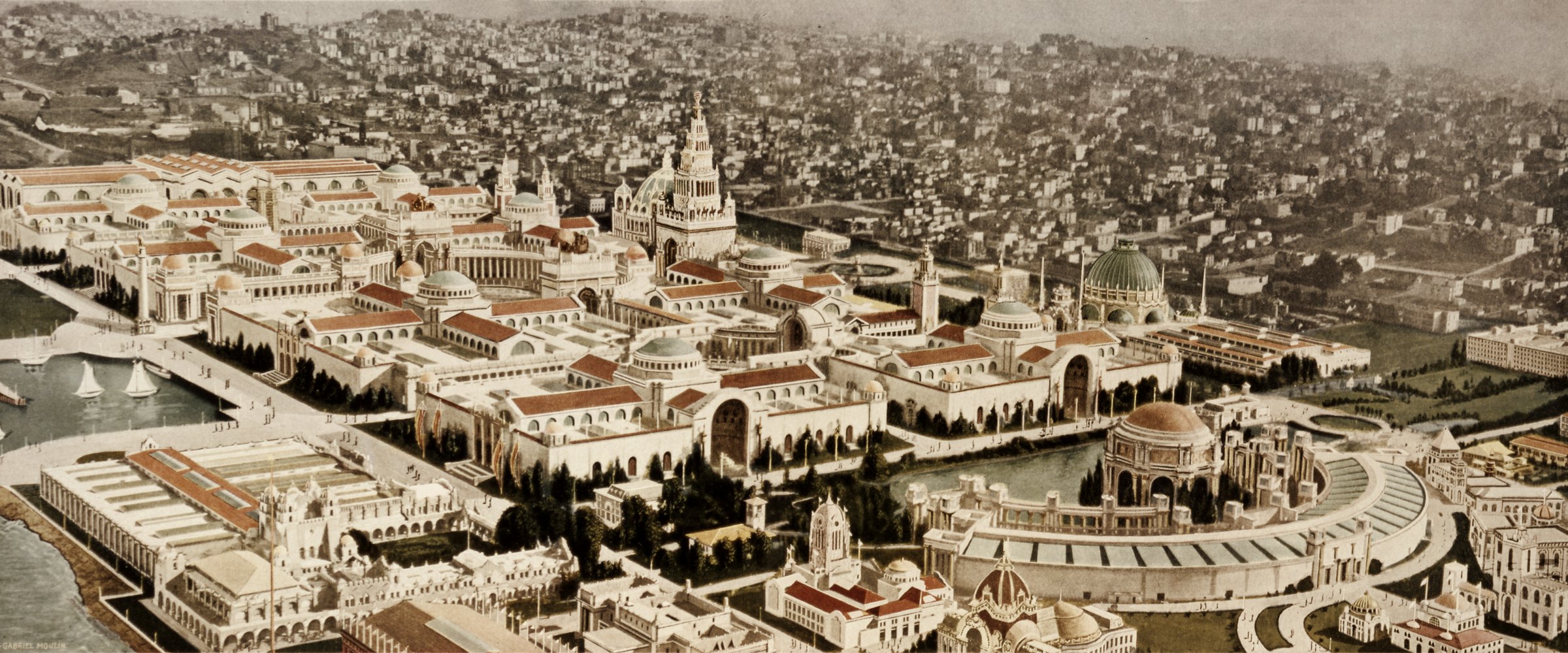 The walled city of palaces from the air in 1915: the Tower of Jewels, the courts and the domes, with the Bay beyond
